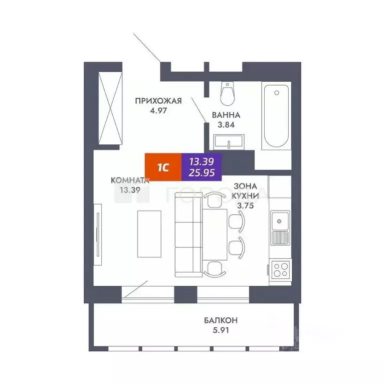Студия Новосибирская область, Новосибирск ул. Королева, 19 (25.4 м) - Фото 2