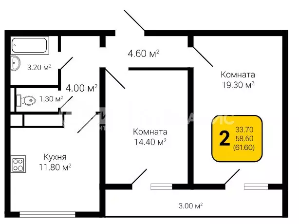2-комнатная квартира: Воронеж, улица Шишкова, 140Б/23 (61.6 м) - Фото 0