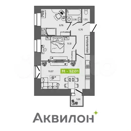 2-к. квартира, 52 м, 4/9 эт. - Фото 0