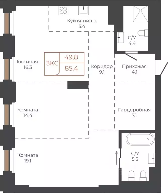 3-к кв. Алтайский край, Барнаул пл. Баварина, 8к2 (85.4 м) - Фото 0