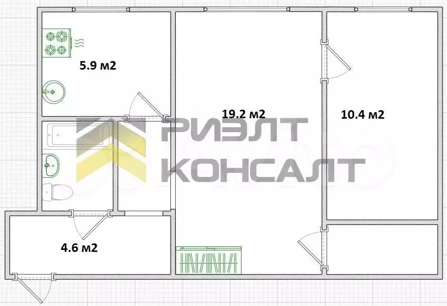 2-к. квартира, 45,5 м, 1/3 эт. - Фото 0