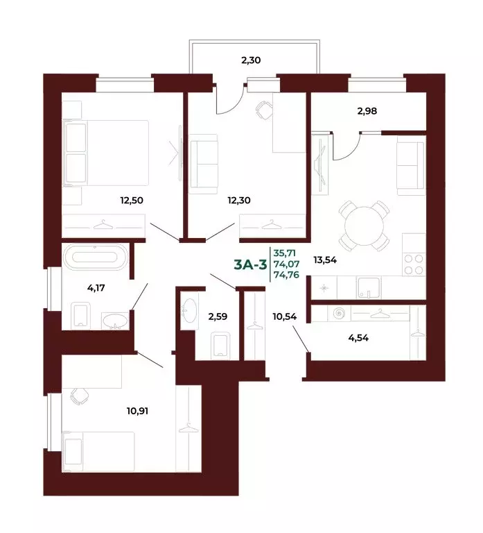 3-комнатная квартира: Пенза, ЖК Арбери (77 м) - Фото 0