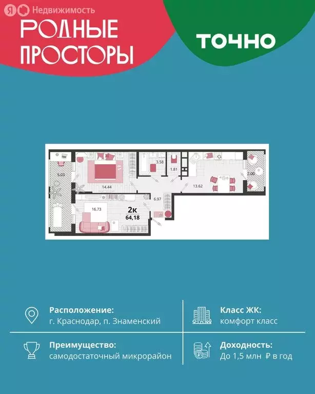 2-комнатная квартира: посёлок Знаменский, Природная улица, 10Бк19 ... - Фото 1