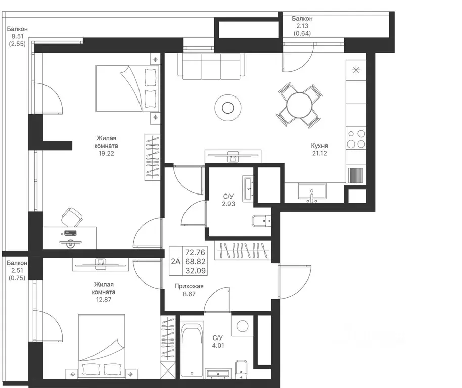 2-к кв. Татарстан, Казань Мой Ритм жилой комплекс, ПК14 (72.76 м) - Фото 1