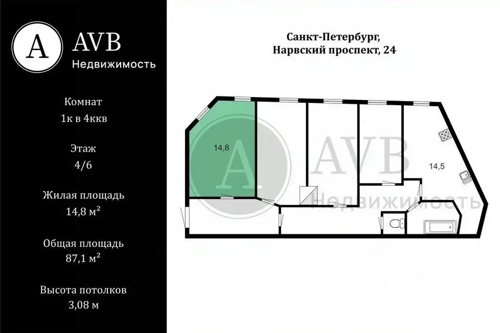 Комната Санкт-Петербург Нарвский просп., 24/2 (14.8 м) - Фото 2