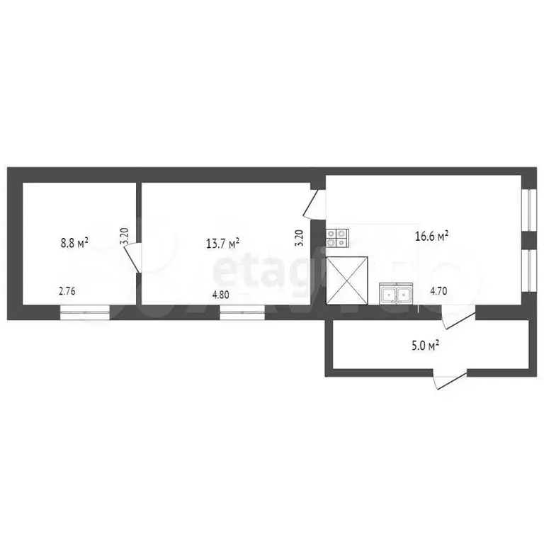 2-к. квартира, 44,9 м, 1/1 эт. - Фото 0