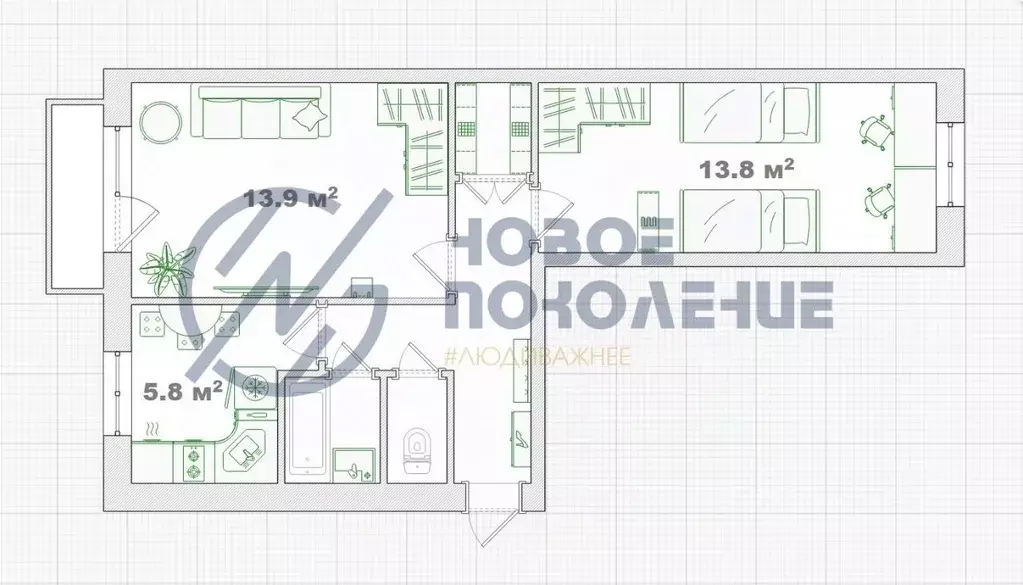 2-к кв. Омская область, Омск Семиреченская ул., 136 (45.3 м) - Фото 2