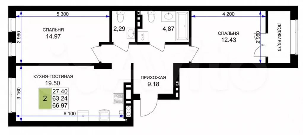 2-к. квартира, 67м, 3/7эт. - Фото 1