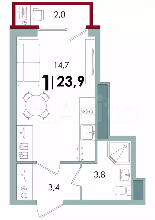Квартира-студия, 23,9 м, 10/16 эт. - Фото 1
