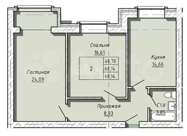 2-к. квартира, 68,1 м, 5/5 эт. - Фото 0