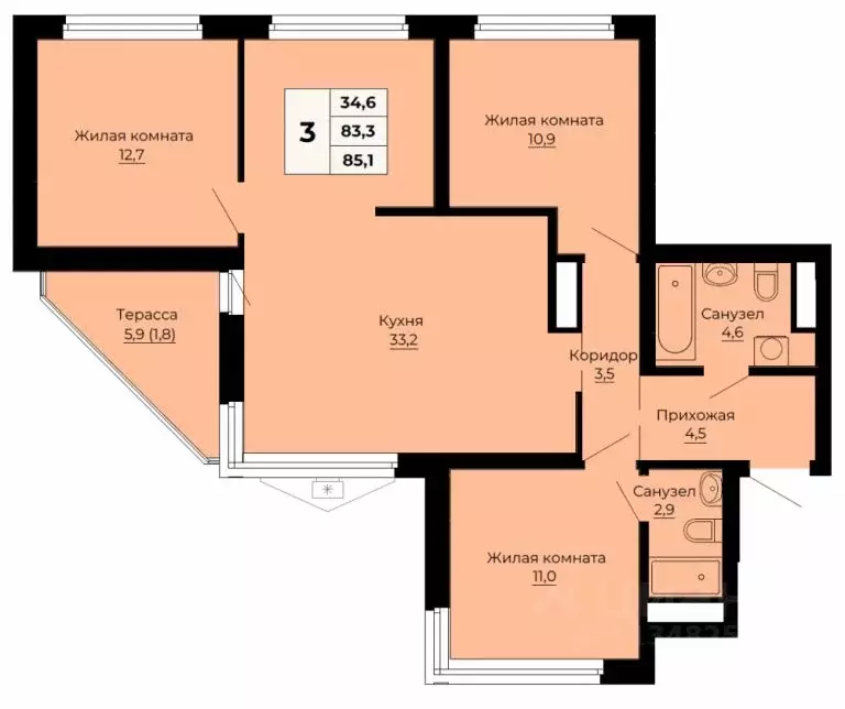 3-к кв. Свердловская область, Екатеринбург ул. Одинарка, 6 (85.1 м) - Фото 0