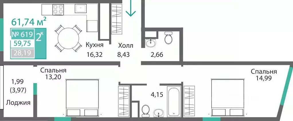 2-к кв. Крым, Симферополь Крымская роза мкр,  (61.74 м) - Фото 0