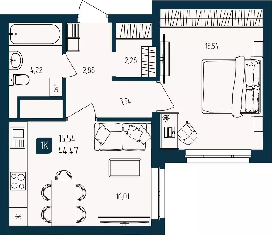 1-к кв. Тюменская область, Тюмень  (44.47 м) - Фото 1