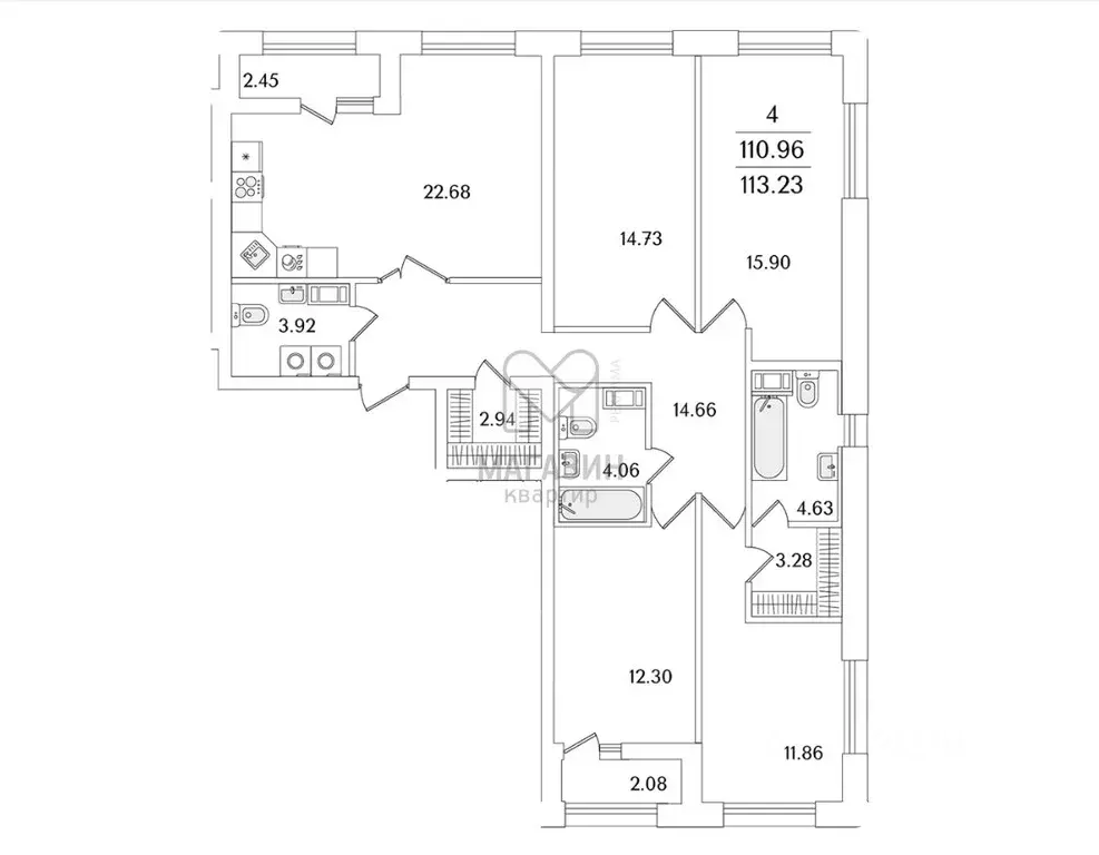 4-к кв. Санкт-Петербург просп. Маршала Блюхера, 3к2 (113.1 м) - Фото 0