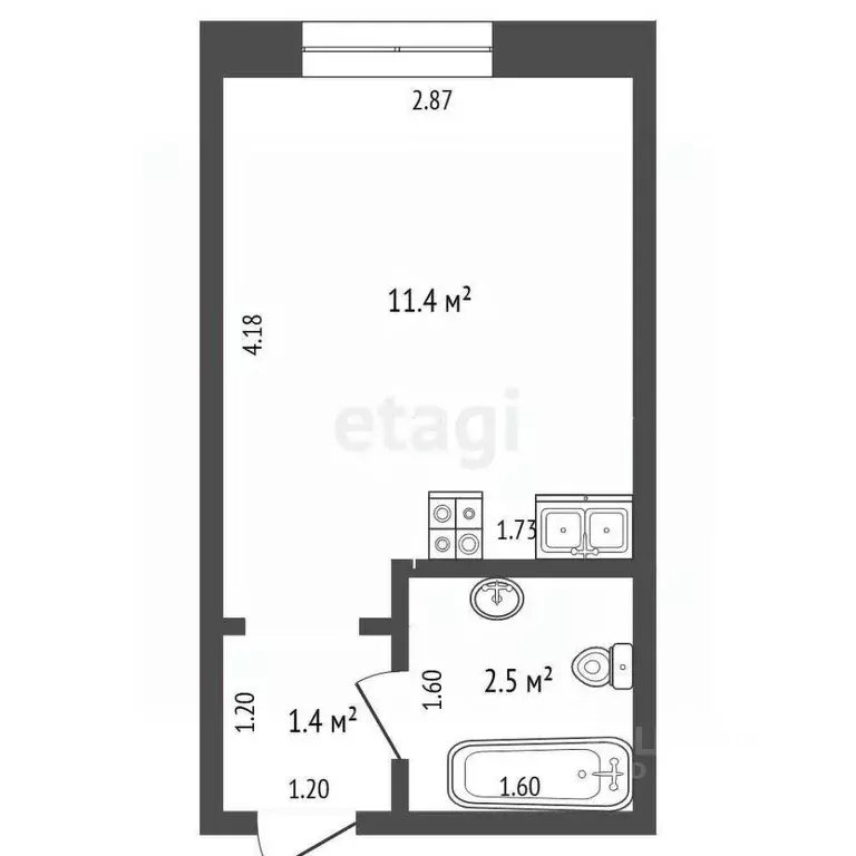 Студия Тюменская область, Тюмень ул. Бабарынка, 65 (15.2 м) - Фото 1