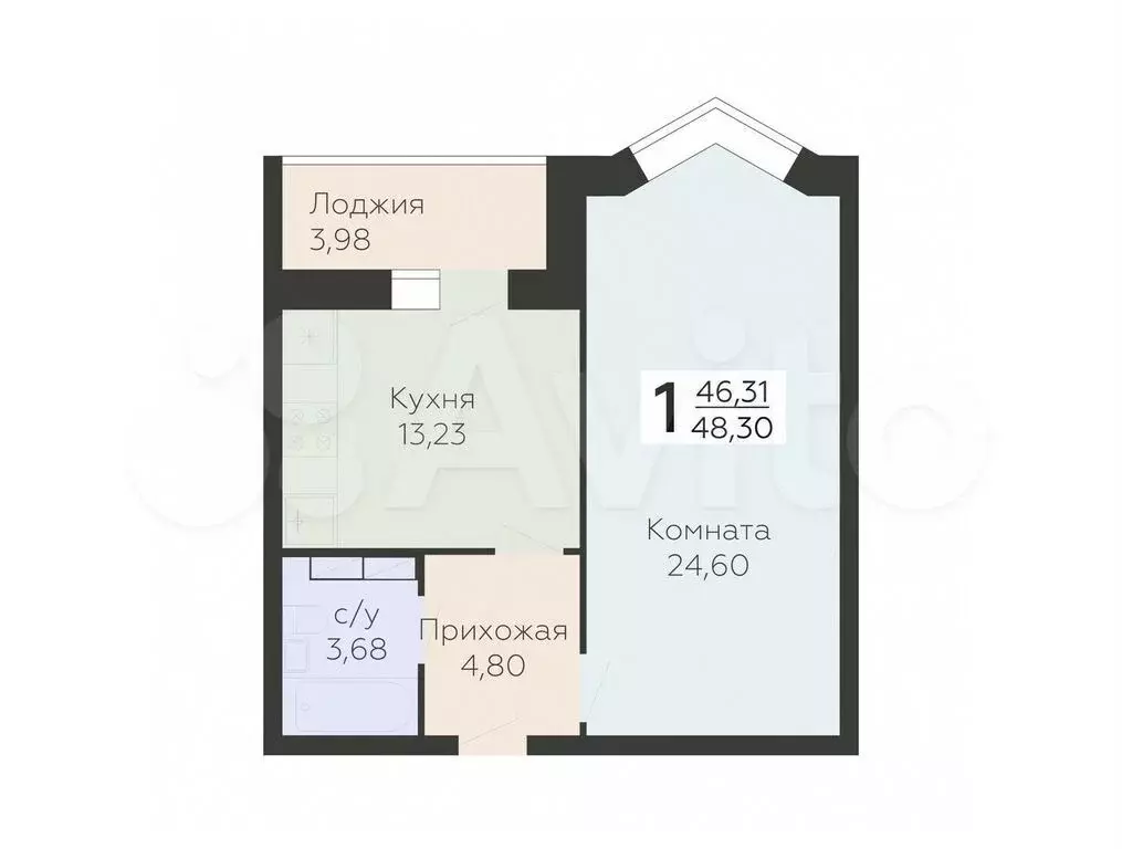 1-к. квартира, 48,3 м, 2/17 эт. - Фото 0