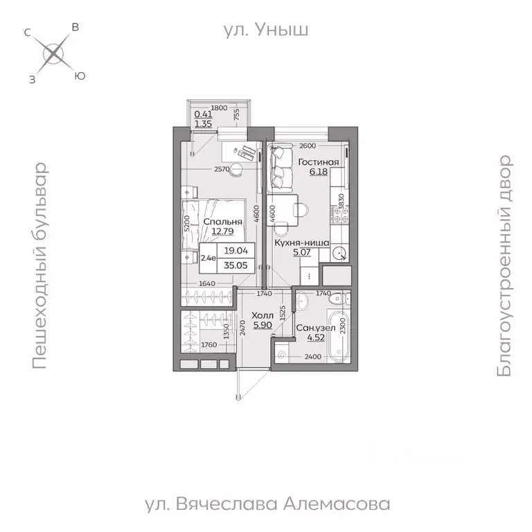 2-к кв. Татарстан, Казань ул. Рауиса Гареева (35.06 м) - Фото 0