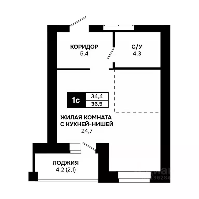 Студия Новосибирская область, Кольцово рп ул. Благовещенская, 2 (36.5 ... - Фото 1