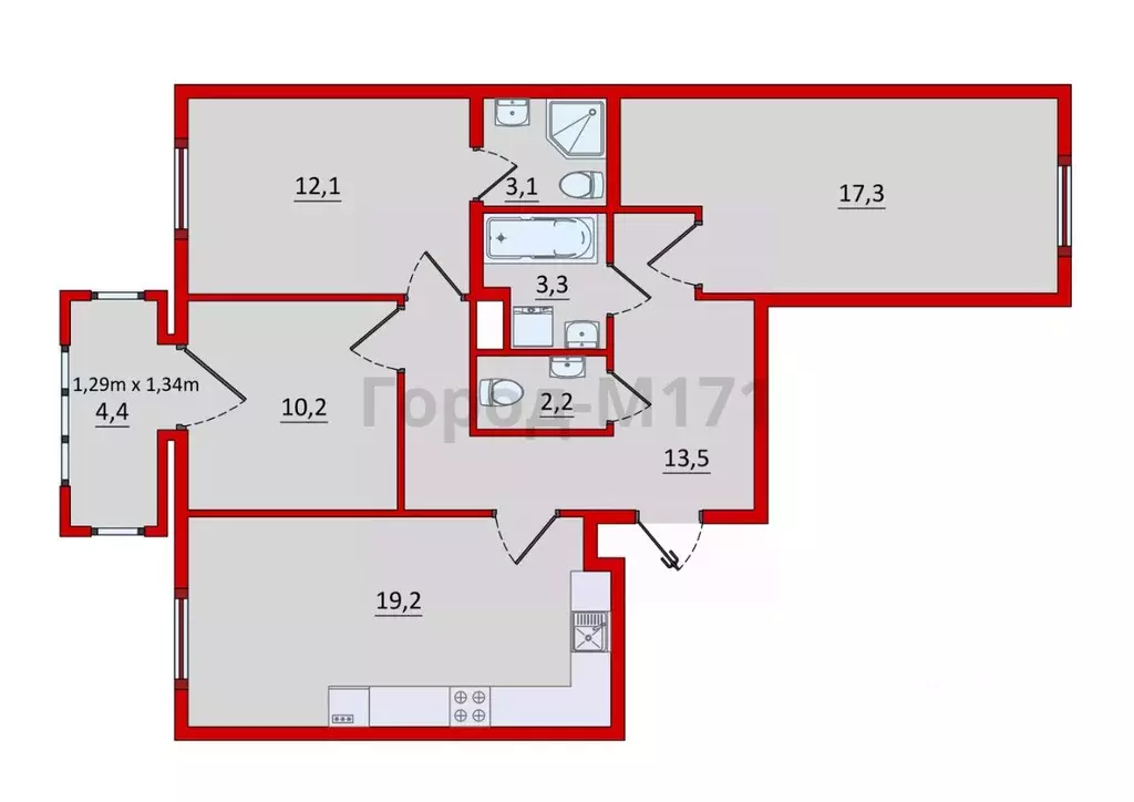 3-к кв. Санкт-Петербург Благодатная ул., 50 (80.8 м) - Фото 2