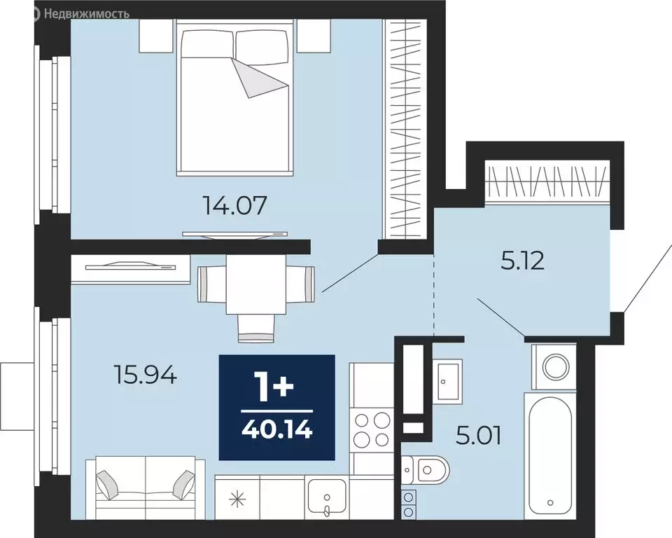 1-комнатная квартира: Тюмень, ЖК Айвазовский Сити (40.14 м) - Фото 1