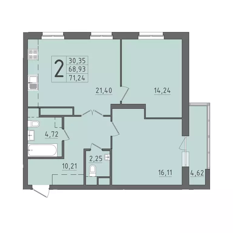 2-к квартира, 71.24 м - Фото 0