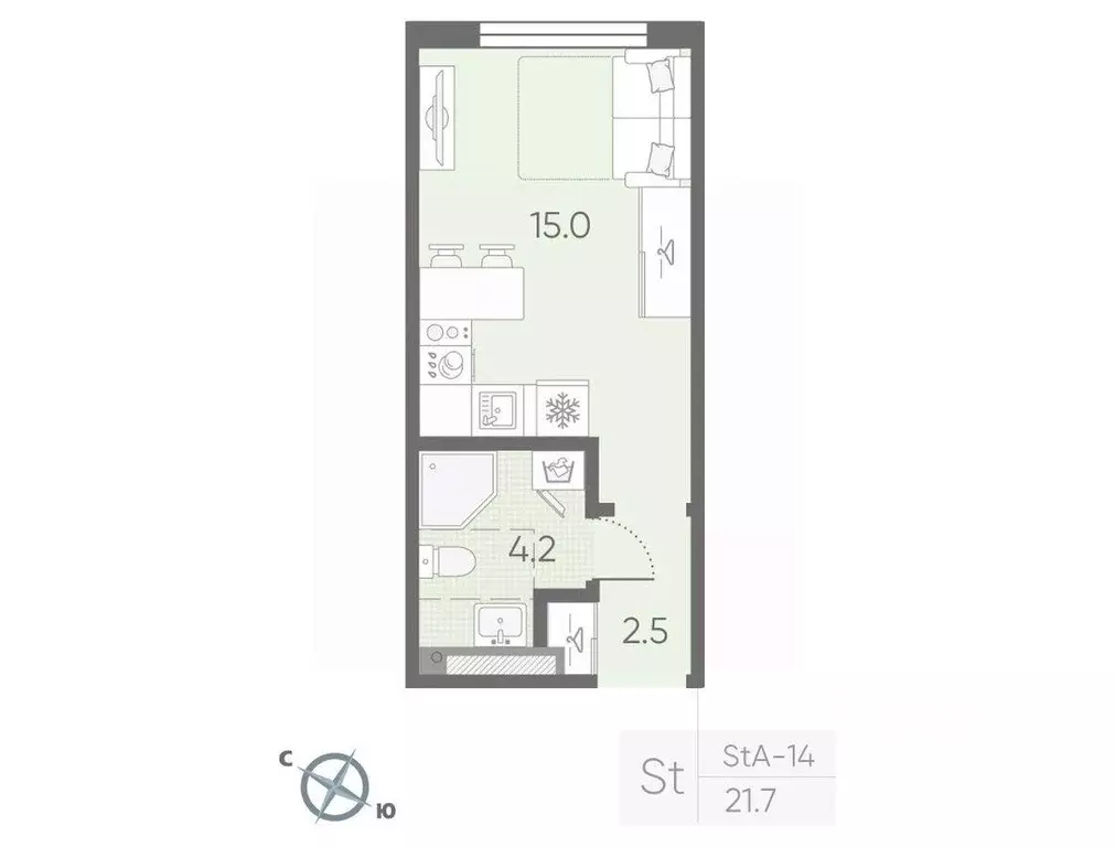 Квартира, студия, 21.7 м - Фото 1