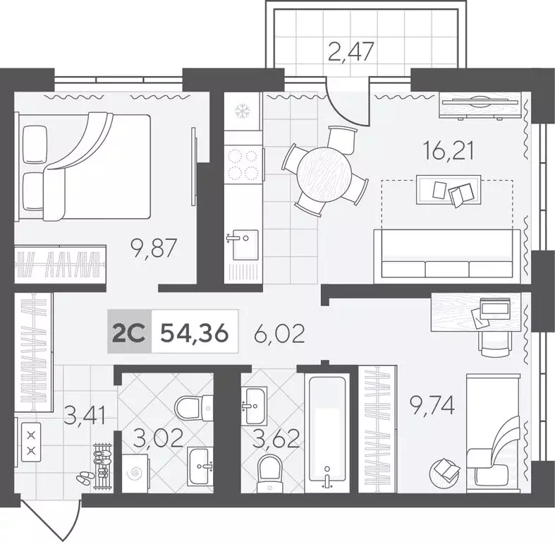 2-комнатная квартира: Тюмень, улица Василия Малкова, 12 (54.36 м) - Фото 1