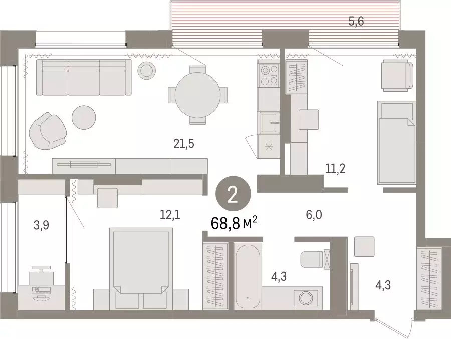 2-комнатная квартира: Тюмень, Краснооктябрьская улица, 4к3 (68.75 м) - Фото 1