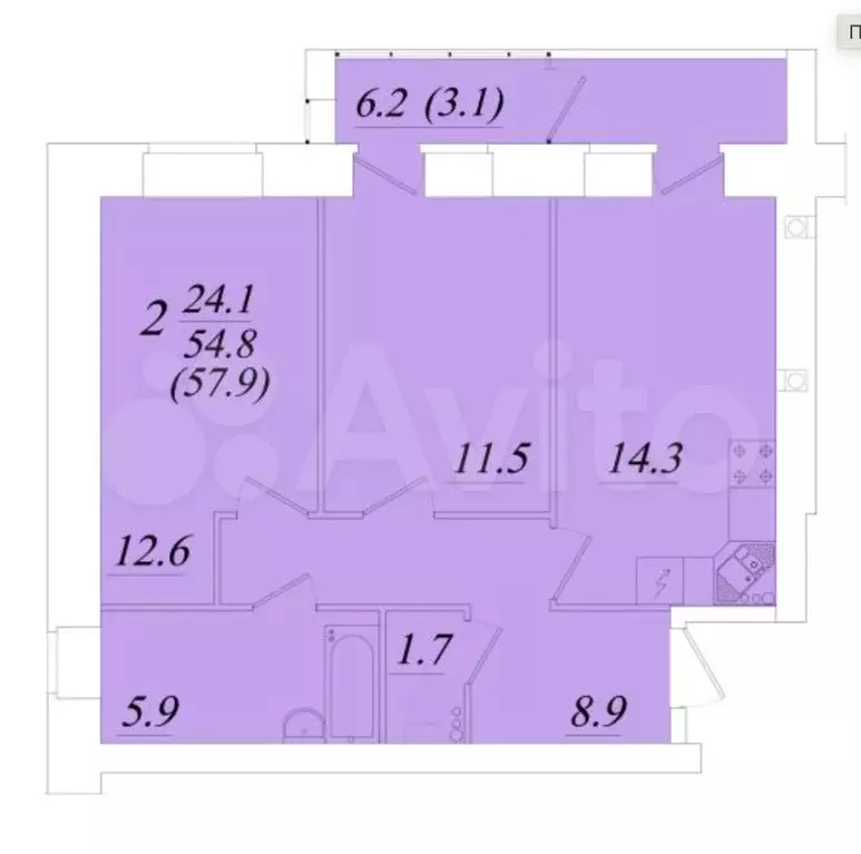 2-к. квартира, 57,9 м, 2/5 эт. - Фото 1