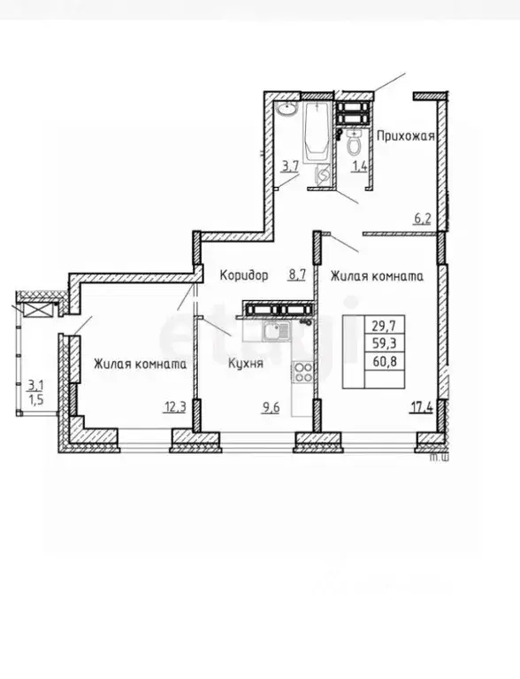 2-к кв. Липецкая область, Липецк Московская ул., 159к2 (61.0 м) - Фото 2