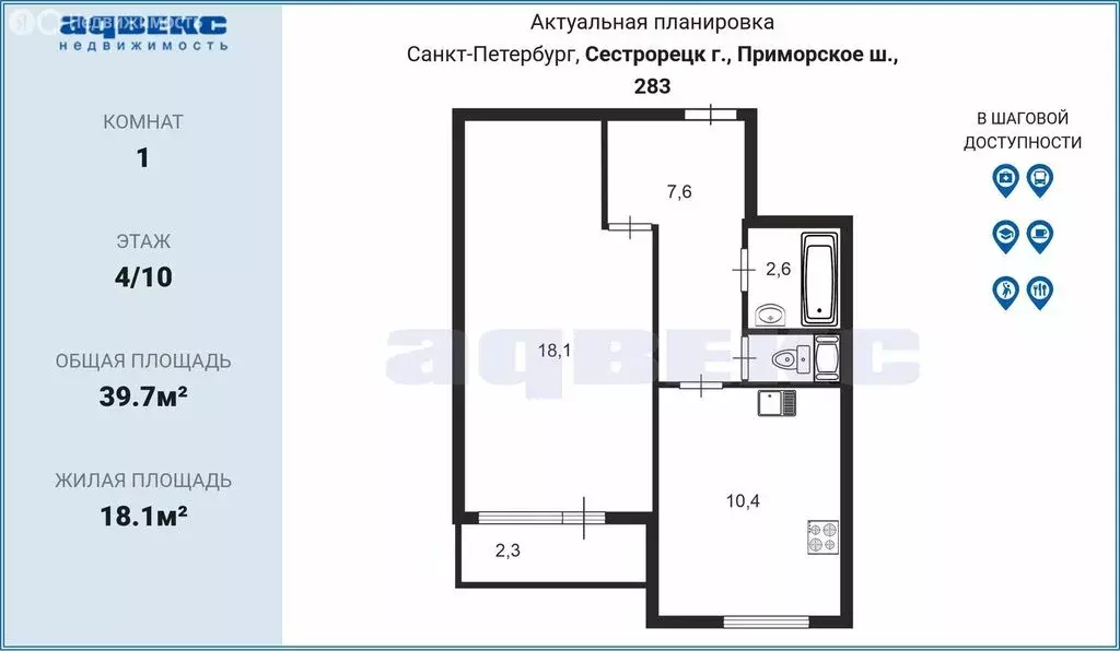 1-комнатная квартира: Сестрорецк, Приморское шоссе, 283 (39.7 м) - Фото 2