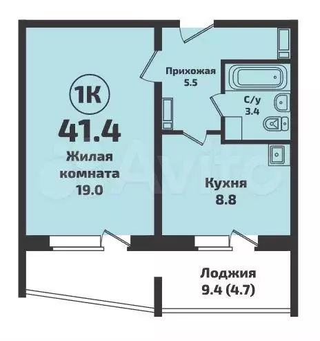 1-к. квартира, 41,4 м, 8/15 эт. - Фото 0