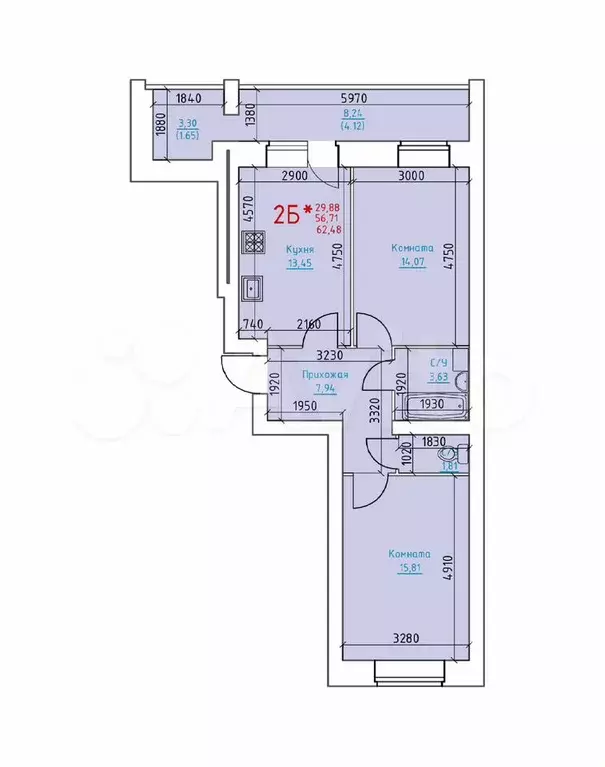 2-к. квартира, 62,5 м, 3/8 эт. - Фото 1
