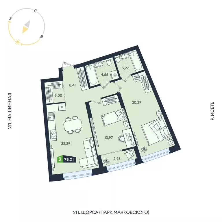 2-комнатная квартира: Екатеринбург, Машинная улица, 1В/4 (78.01 м) - Фото 1