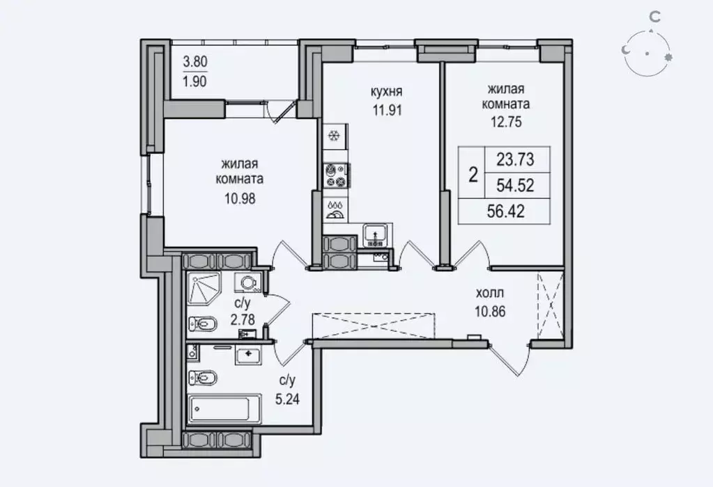 Продаётся 2-к квартира, 55.3 м - Фото 0