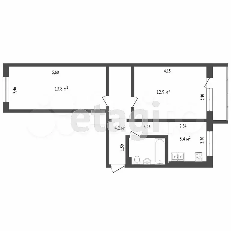 2-к. квартира, 43,2 м, 5/5 эт. - Фото 0