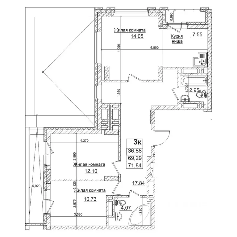 3-к кв. Новосибирская область, Новосибирск Фабричная ул., 65/1 (69.2 ... - Фото 1