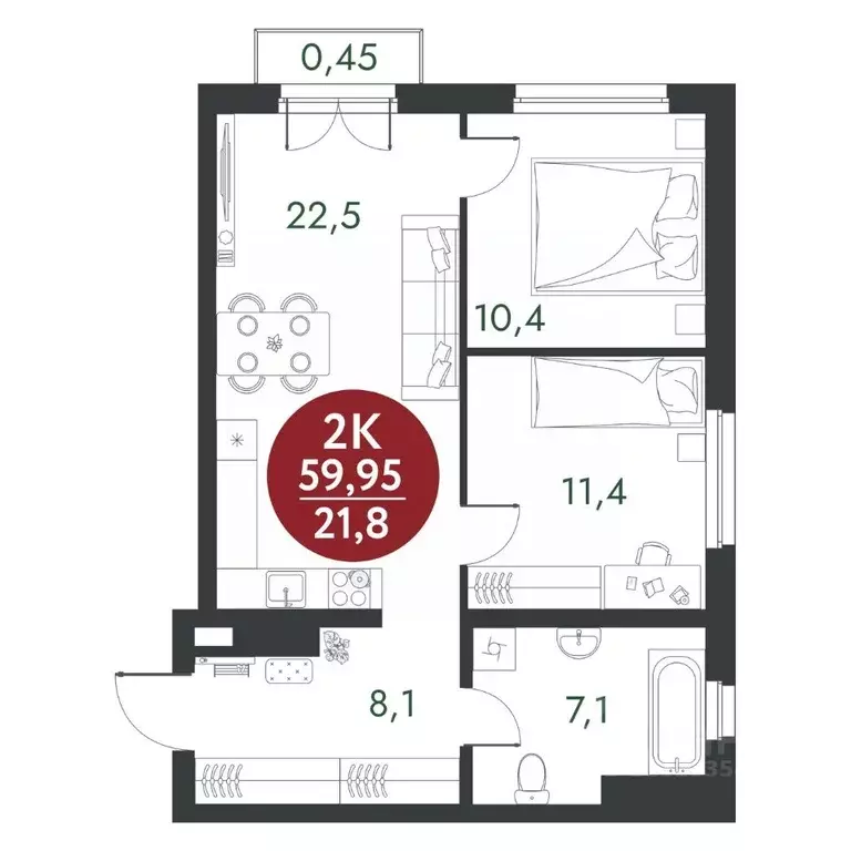 2-к кв. Новосибирская область, Новосибирск ул. 2-я Марата (59.95 м) - Фото 0