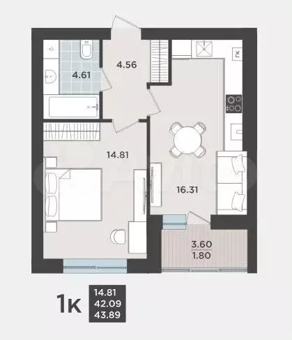 1-к. квартира, 43,9 м, 5/9 эт. - Фото 1