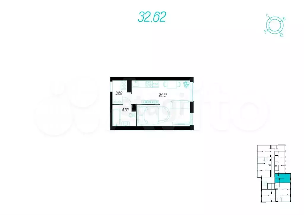 Квартира-студия, 32,6 м, 2/15 эт. - Фото 0