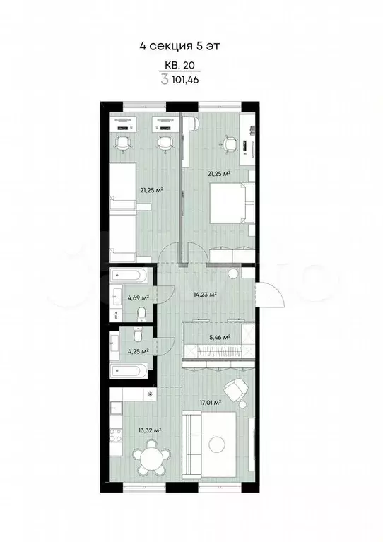 3-к. квартира, 101,5 м, 5/9 эт. - Фото 1