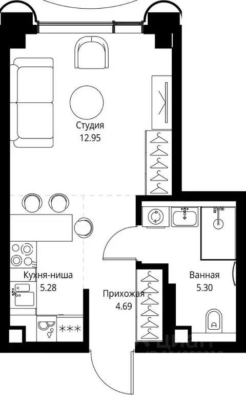 Студия Москва просп. Мира, 186АС1 (28.22 м) - Фото 0