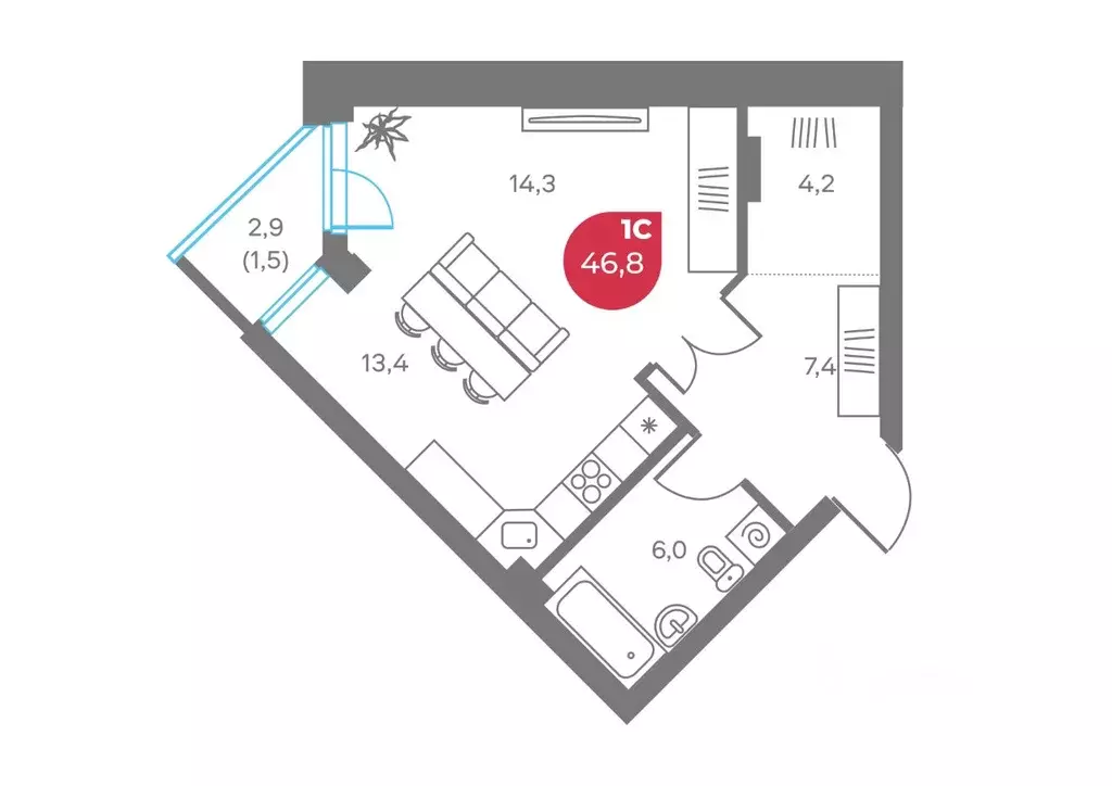 Студия Пермский край, Пермь Советская ул., 16 (46.8 м) - Фото 1