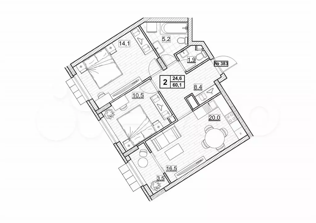 2-к. квартира, 60,1 м, 22/24 эт. - Фото 0