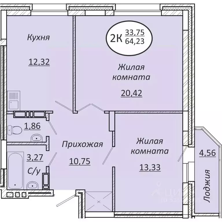 2-к кв. Новосибирская область, Новосибирск  (64.23 м) - Фото 0