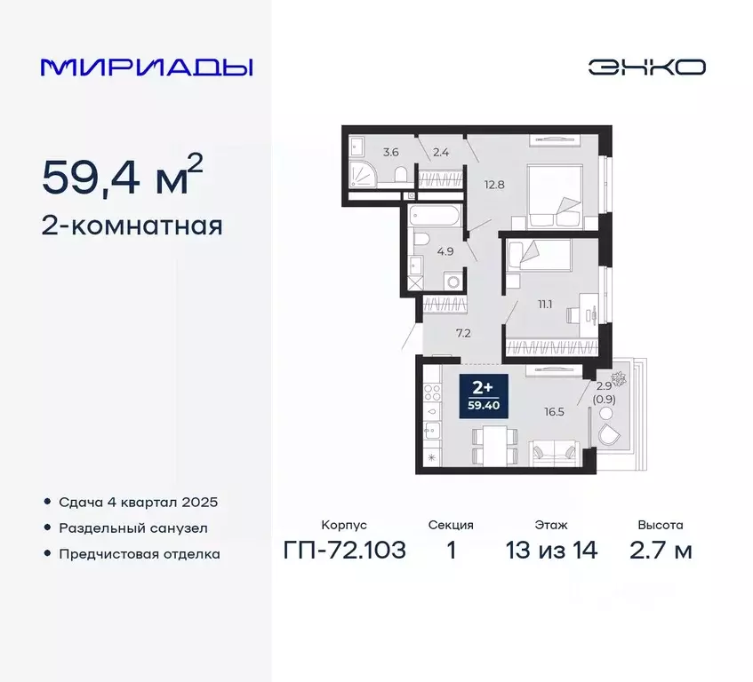 2-к кв. Тюменская область, Тюмень Мириады жилой комплекс (59.4 м) - Фото 0