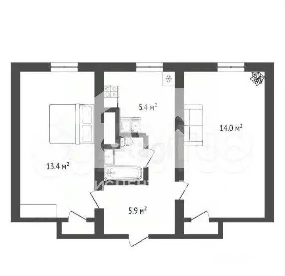 2-к. квартира, 44 м, 4/4 эт. - Фото 0