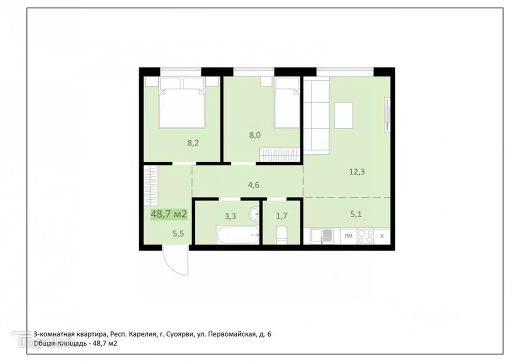 3-к кв. Карелия, Суоярви Первомайская ул., 6А (48.7 м) - Фото 1