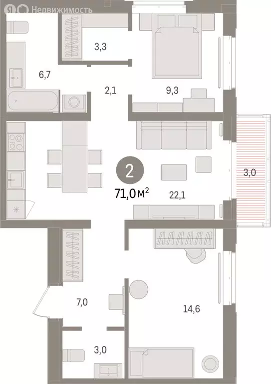 2-комнатная квартира: Тюмень, жилой комплекс На Минской (71.02 м) - Фото 1