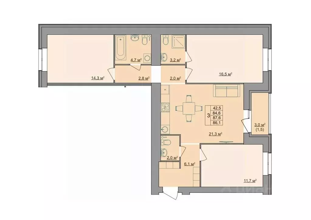 3-к кв. Костромская область, Кострома Магистральная ул., 49А (86.1 м) - Фото 1